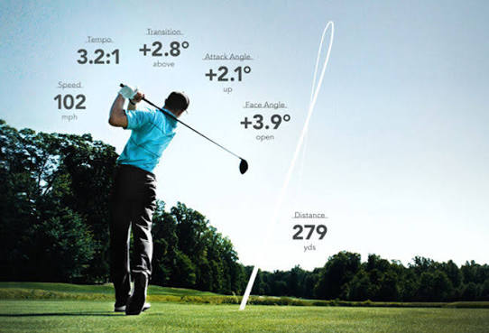A driver swing with speed, tempo, attack angle and face angle readouts